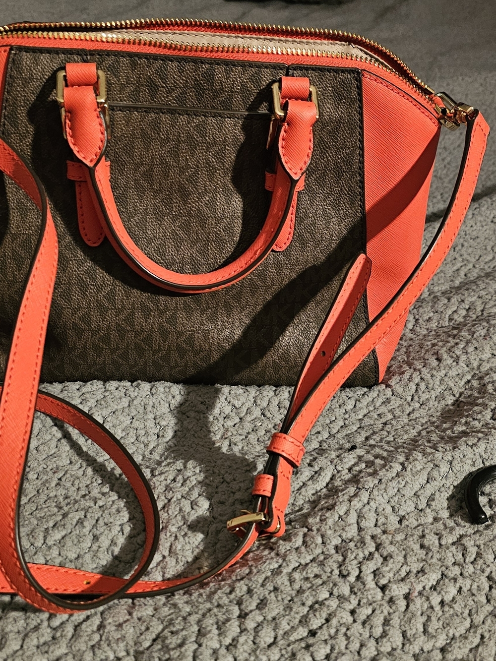 Michael Kors Brown Logo Satchel with Bright Coral Trim